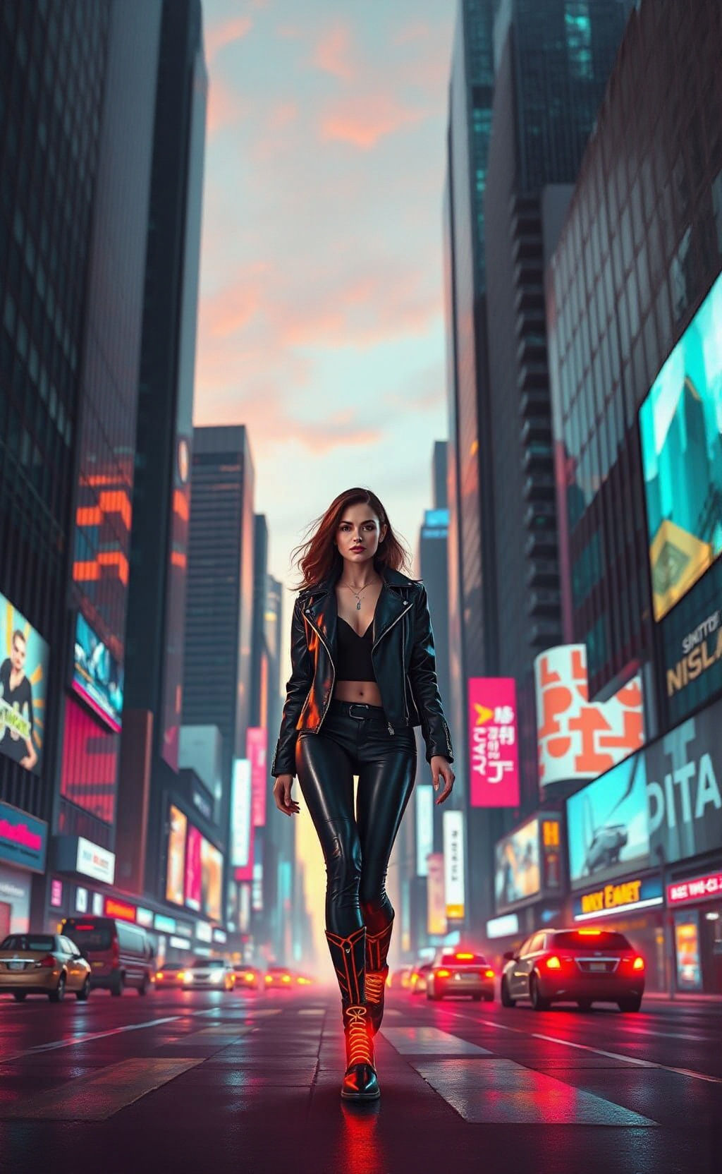 Cyberpunk Goddess Strolls Through Futuristic Metropolis