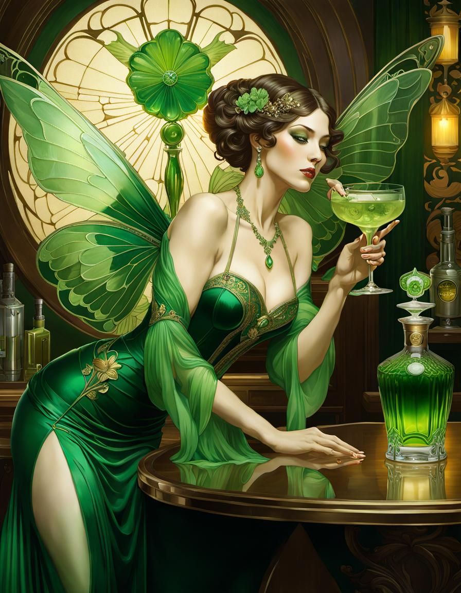 Art Nouveau Poster: Green Fairy Absinthe and Muse
