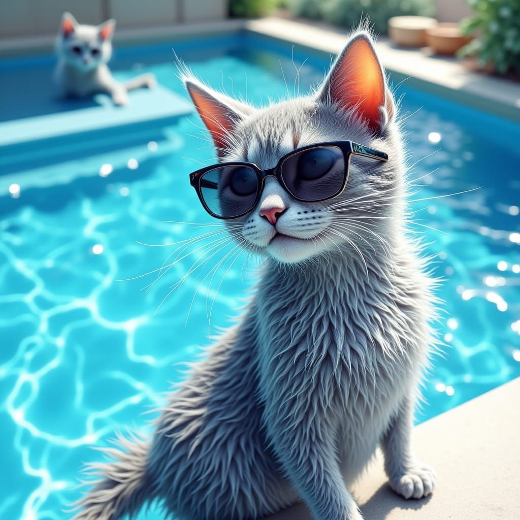 Gray Cat in Sunglasses by Pool in Digital Art Style