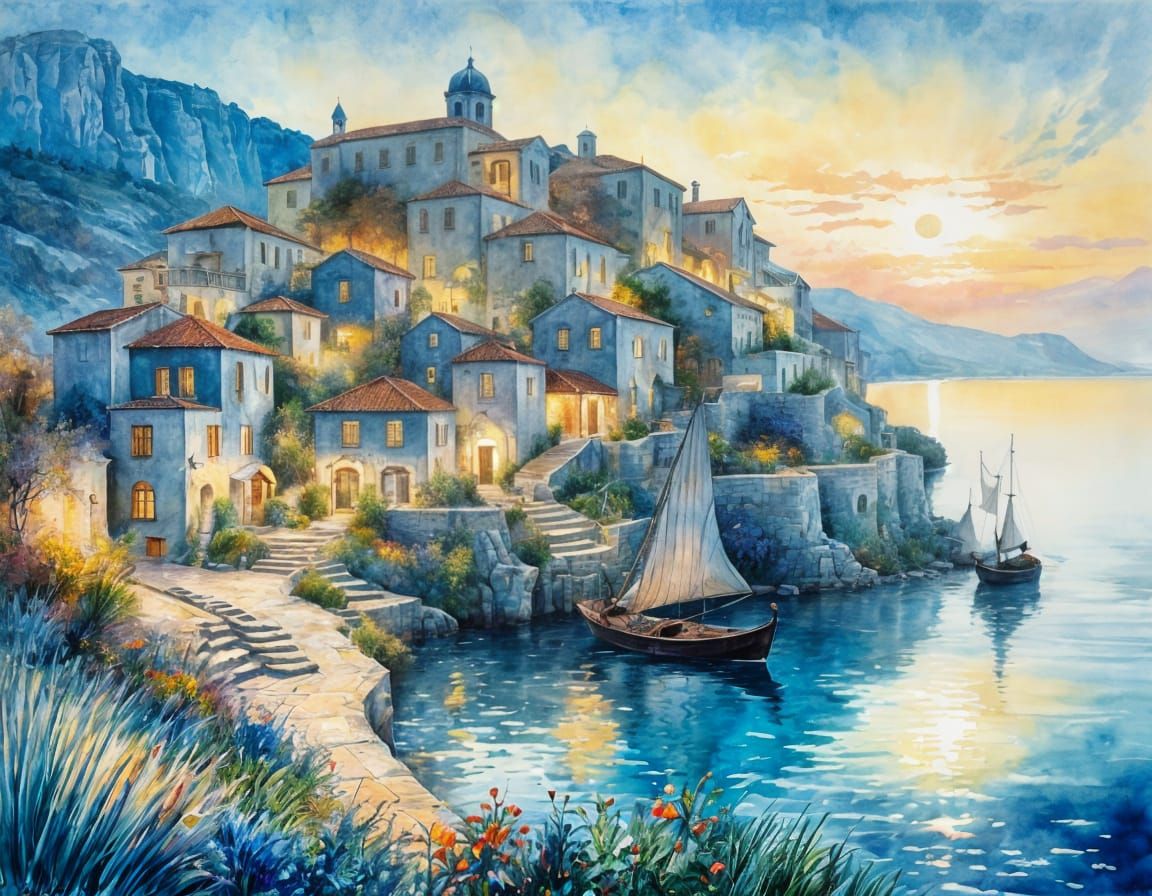 Ethereal Blue Hour Scene in Stylized Watercolor