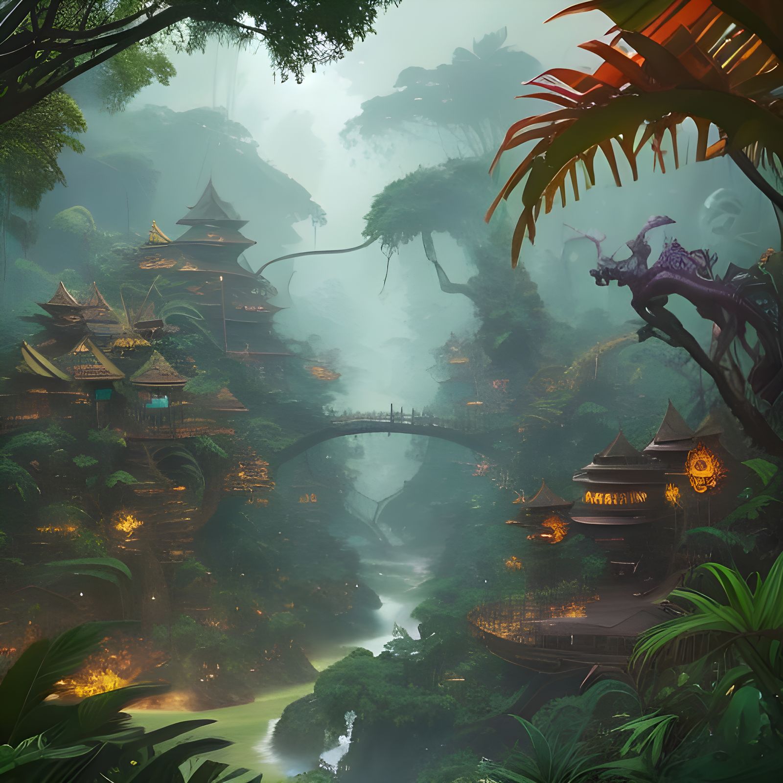 Dragon Village in Jungle Rainforest: Matte Painting