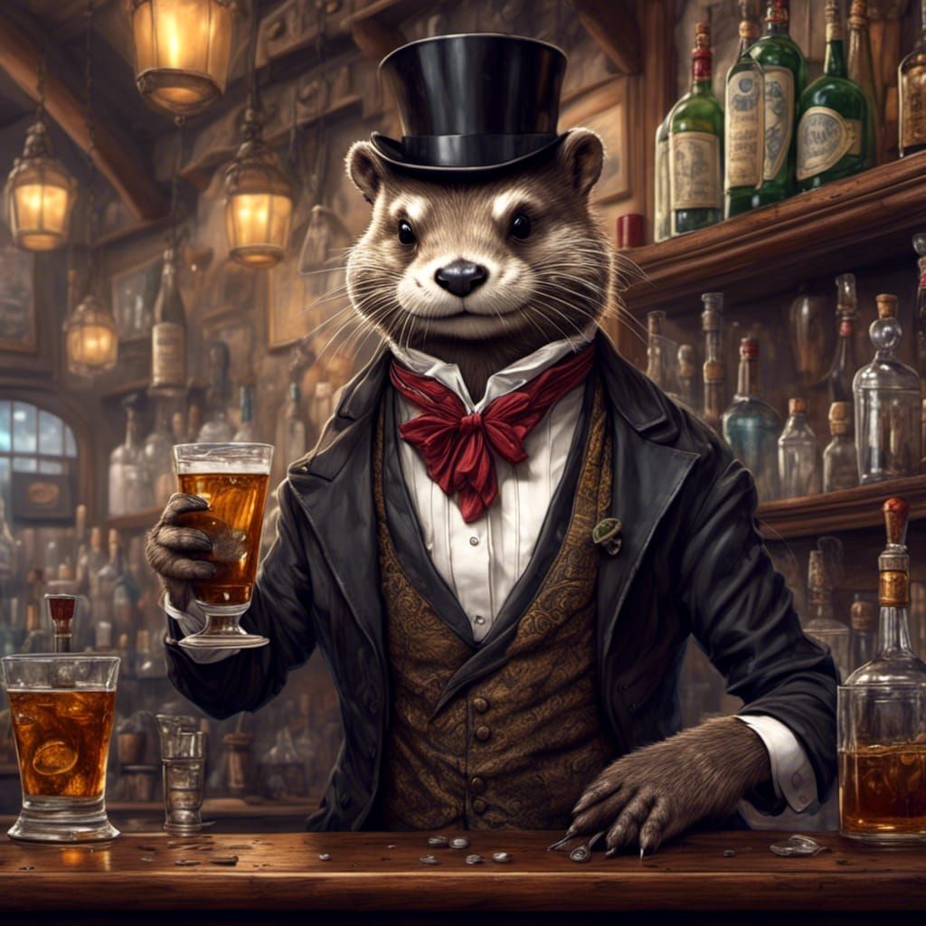 Cartoon Otter Bartender in Victorian Pub