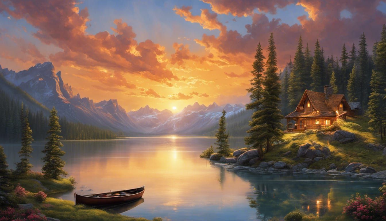 Cabin and Canoe on Mountain Lake at Sunset