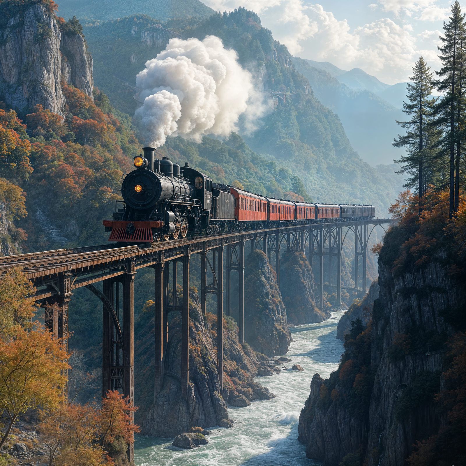 Hyperrealistic Steam Train in Autumn Landscape