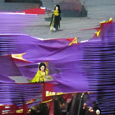 Chinese Opera Singer with Purple Hair and Yellow Flags