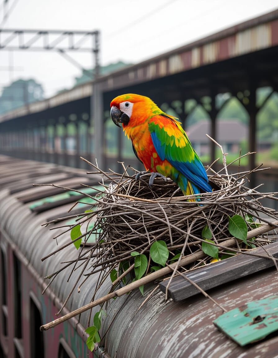Parrot Nesting on Train at Railway Station