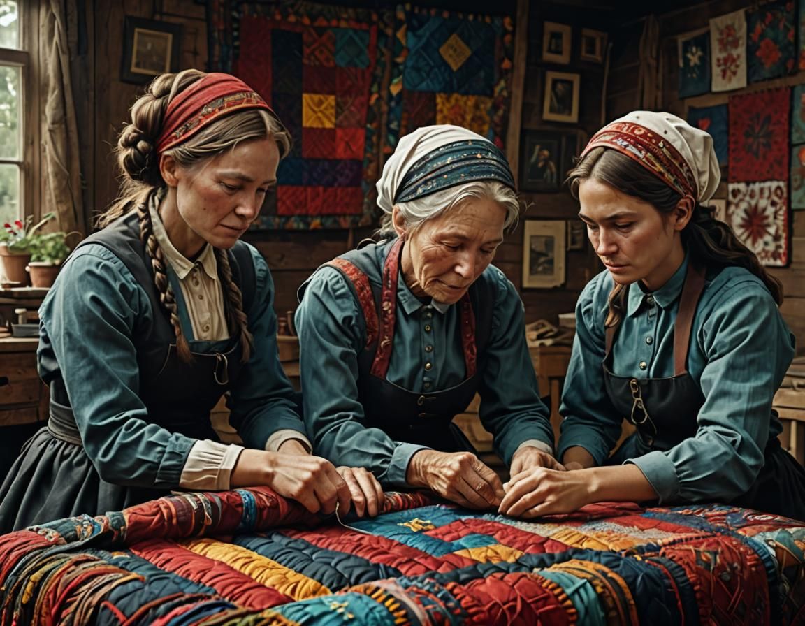 Amish Women Stitching Quilt: Hyperrealistic Maximalist Detai...