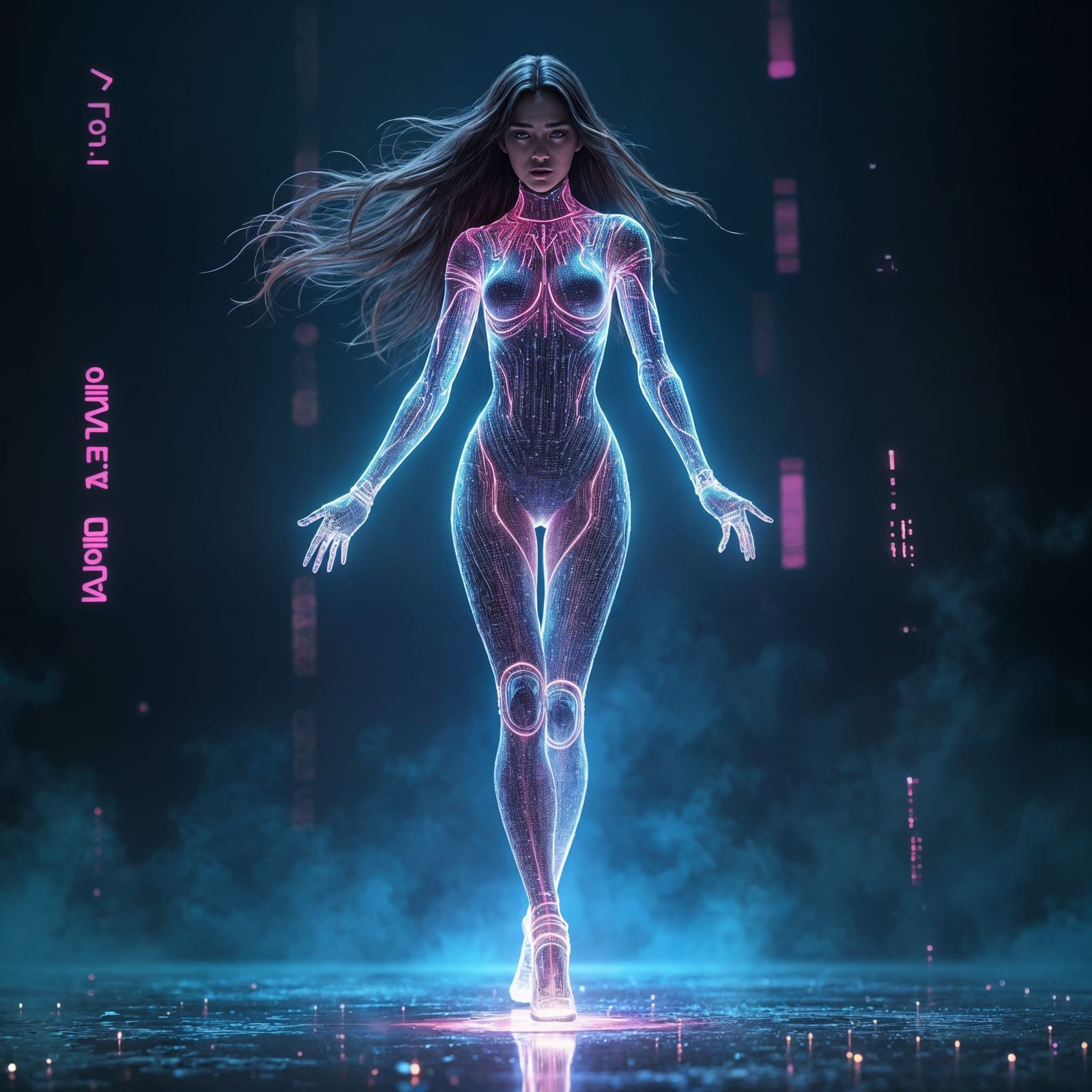 Cybernetic Nova Materializes from Cyberspace in Neon Glory