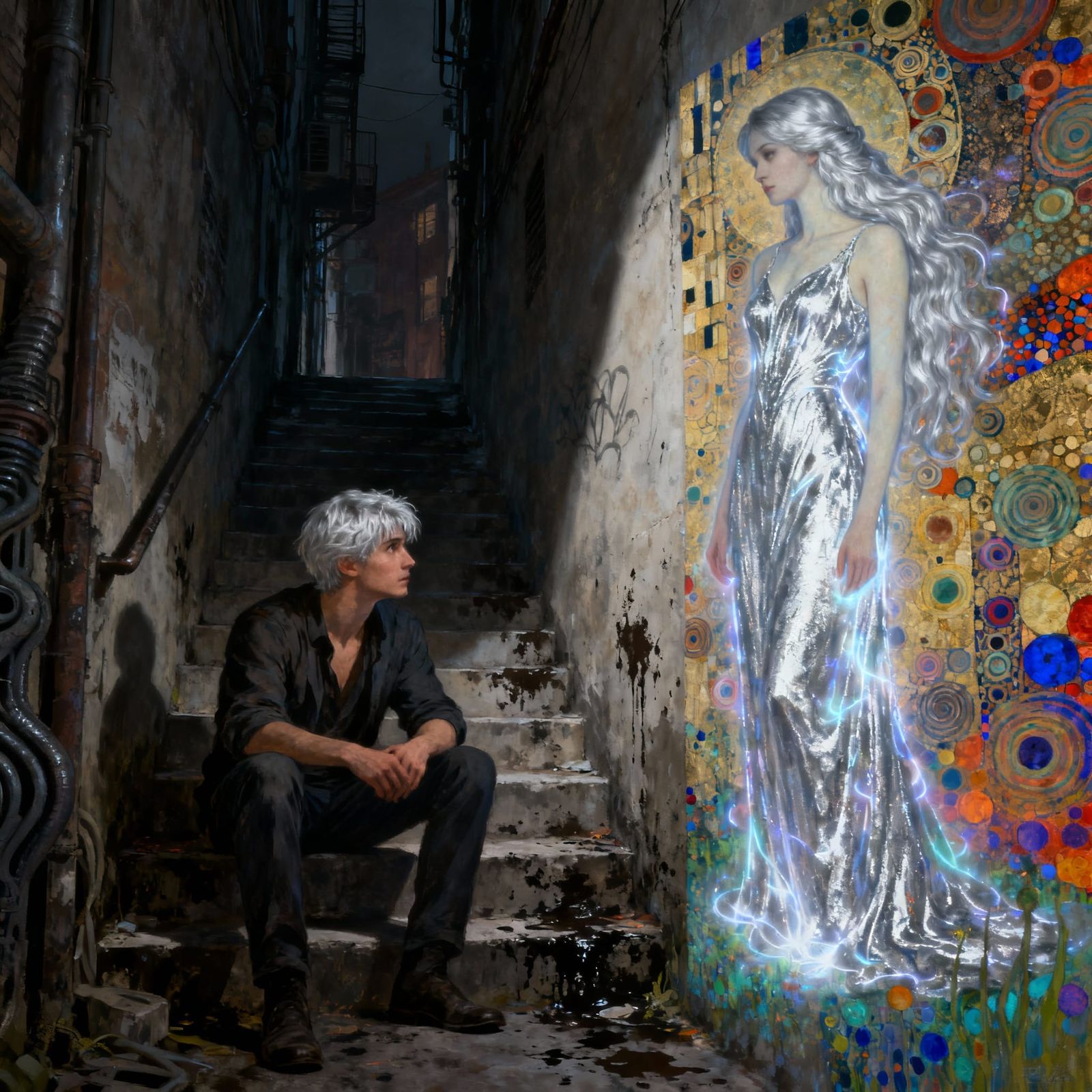 Silver Haired Man Dreams of Ethereal Woman in Moody Alley