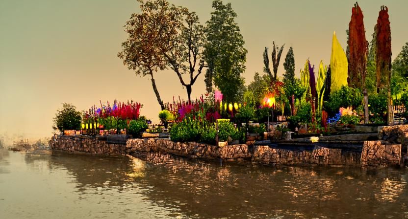 Colorful Garden by the River in Volumetric Lighting