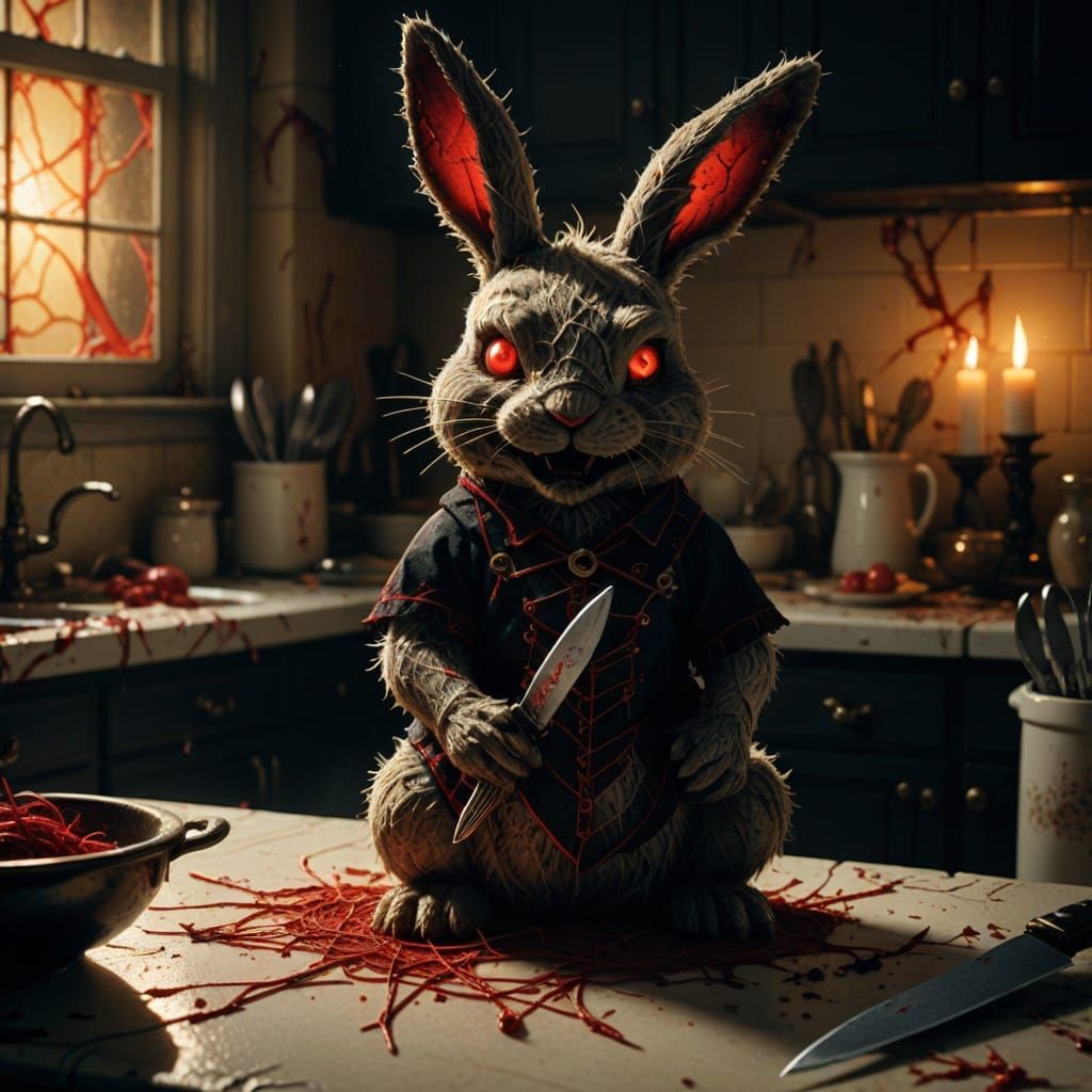 Evil Bunny with Knife, Nightmarish Scene