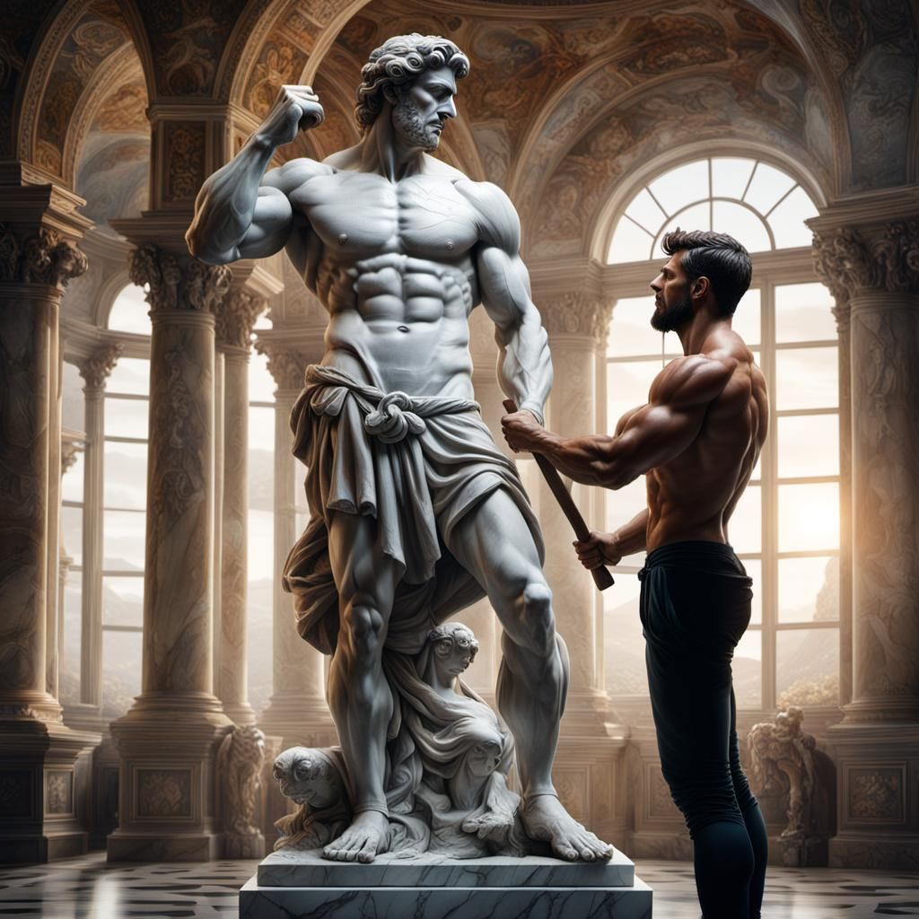 Renaissance Sculptor Admires Marble Statue