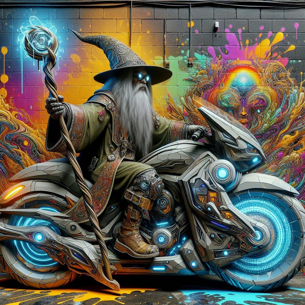 Wizard on Futuristic Motorcycle in Graffiti Art Style