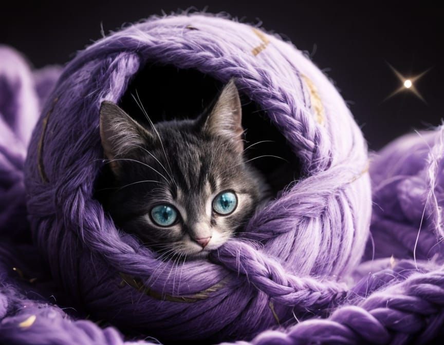 Playful Kitten Tangled in Yarn: Cute Anime Painting