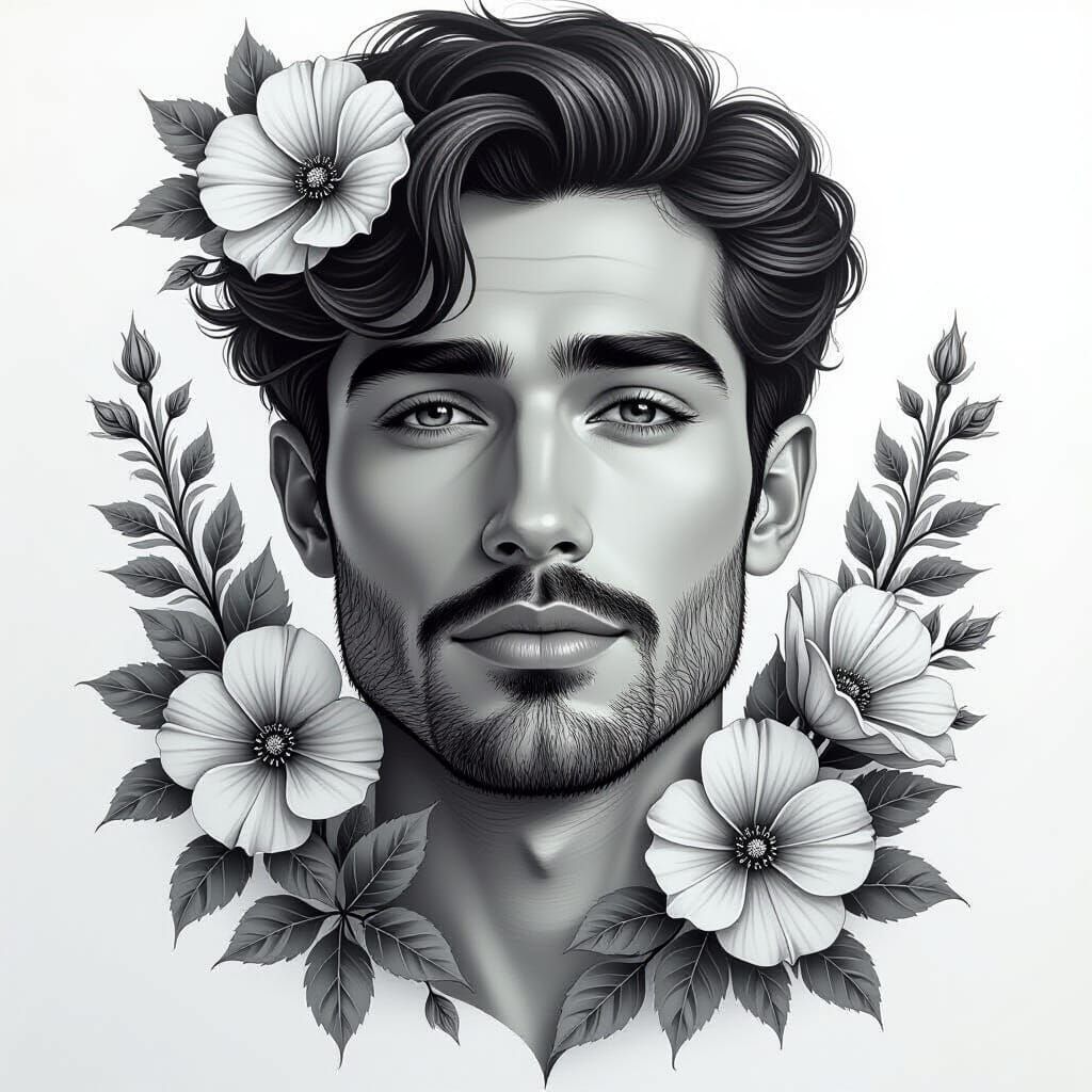 Hyperdetailed Black and White Drawing of Man with Flowers