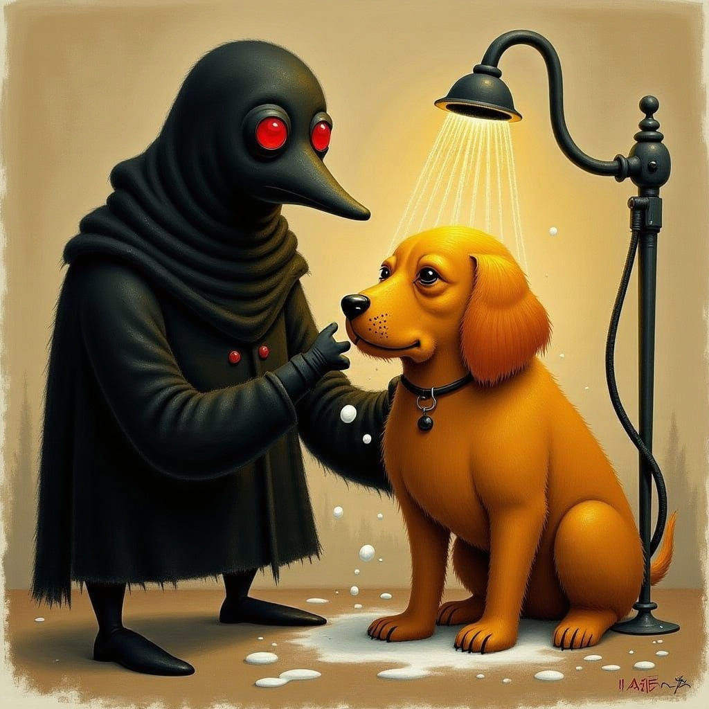 Plague Doctor Washes Cute Puppy in Medieval Style
