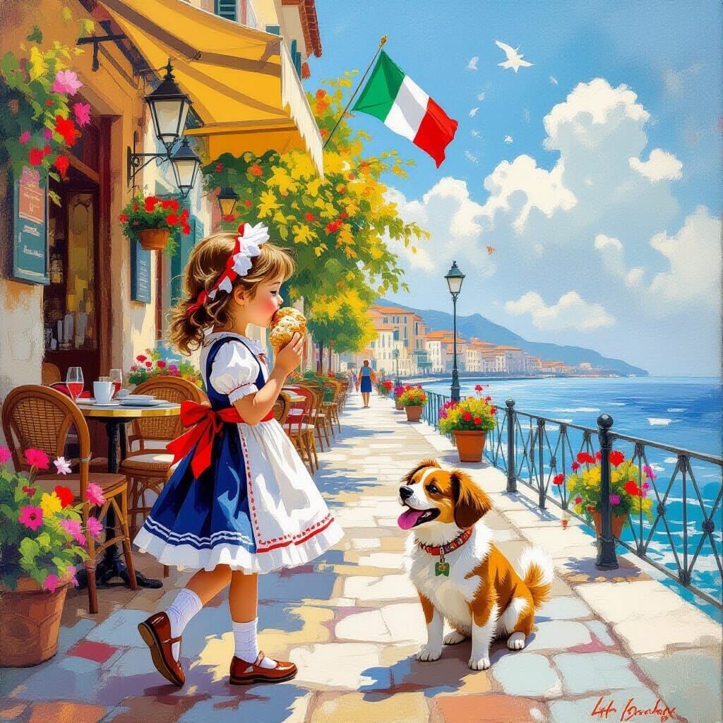 Italian Girl with Cannoli: A Golden Oil Painting