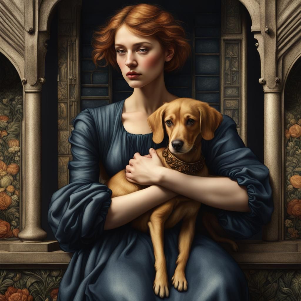 Woman and Dog in Pre-Raphaelite Style