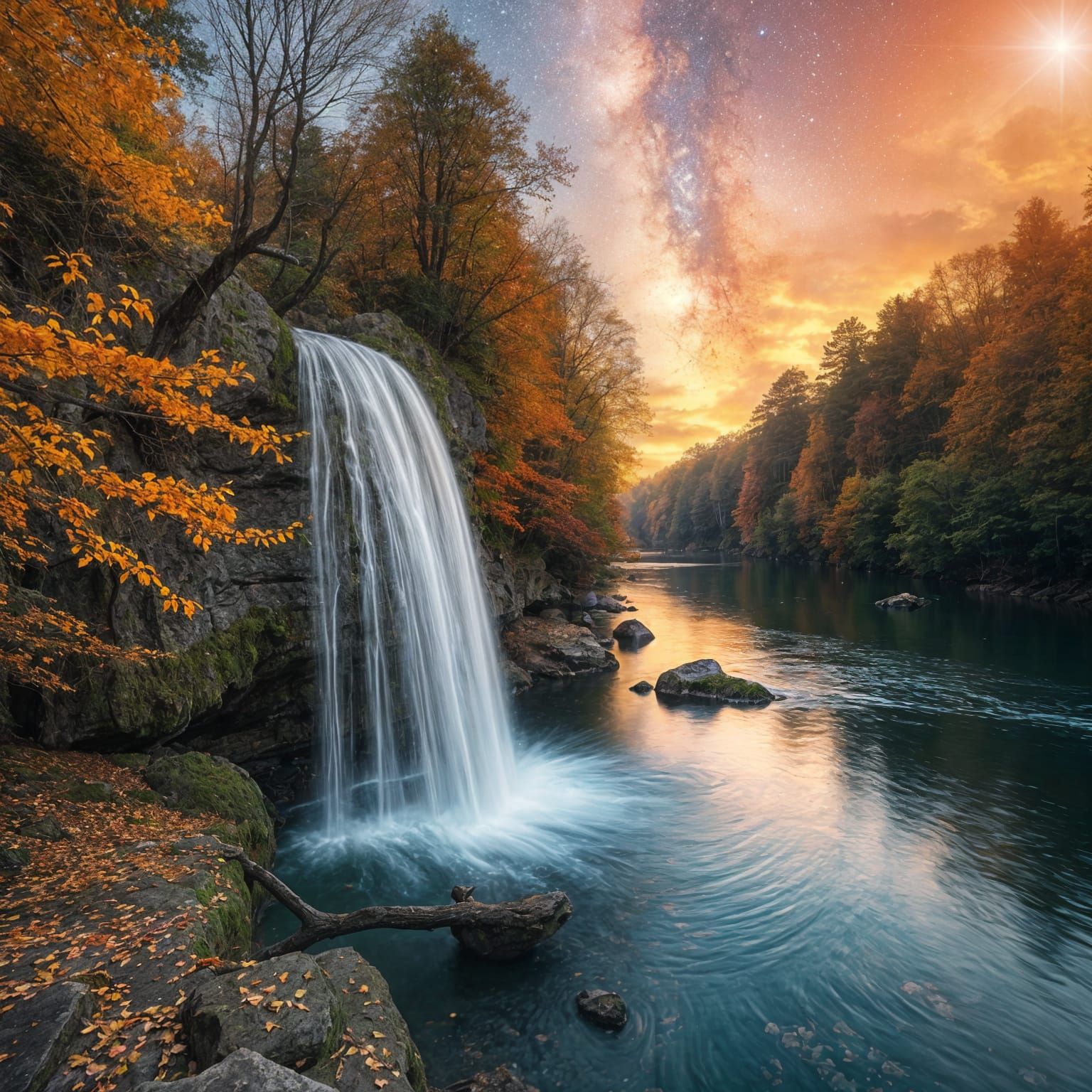Autumn Forest with Waterfall Galaxy Sunset