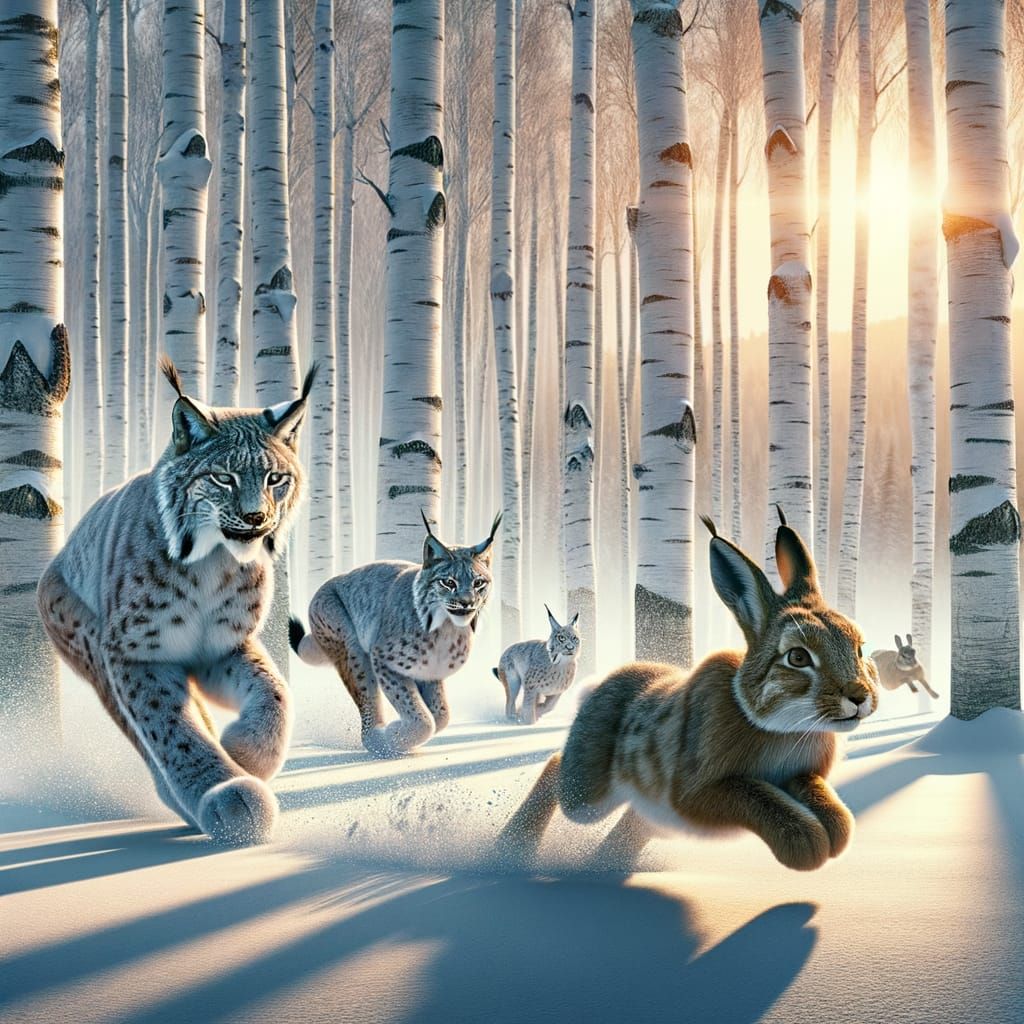 Lynx Family's Winter Chase: A Digital Matte Painting