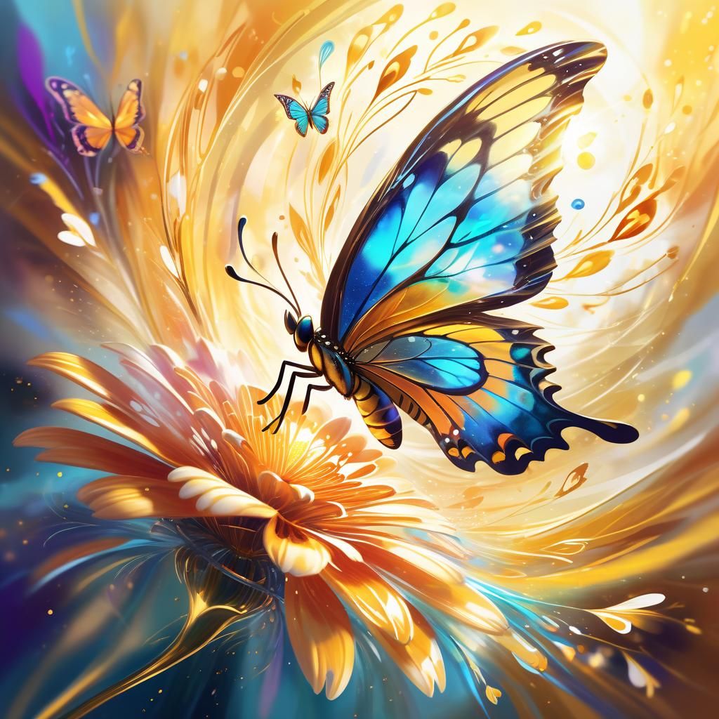 Vibrant Blooming Flower and Butterfly in Mid-Air, Swirling D...