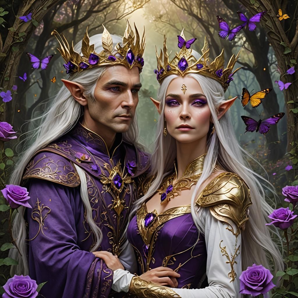 Elder Elven Queen and Elder Wizard Elven King with long platinum white hair crystal clear hazel green eyes dressed in pu...