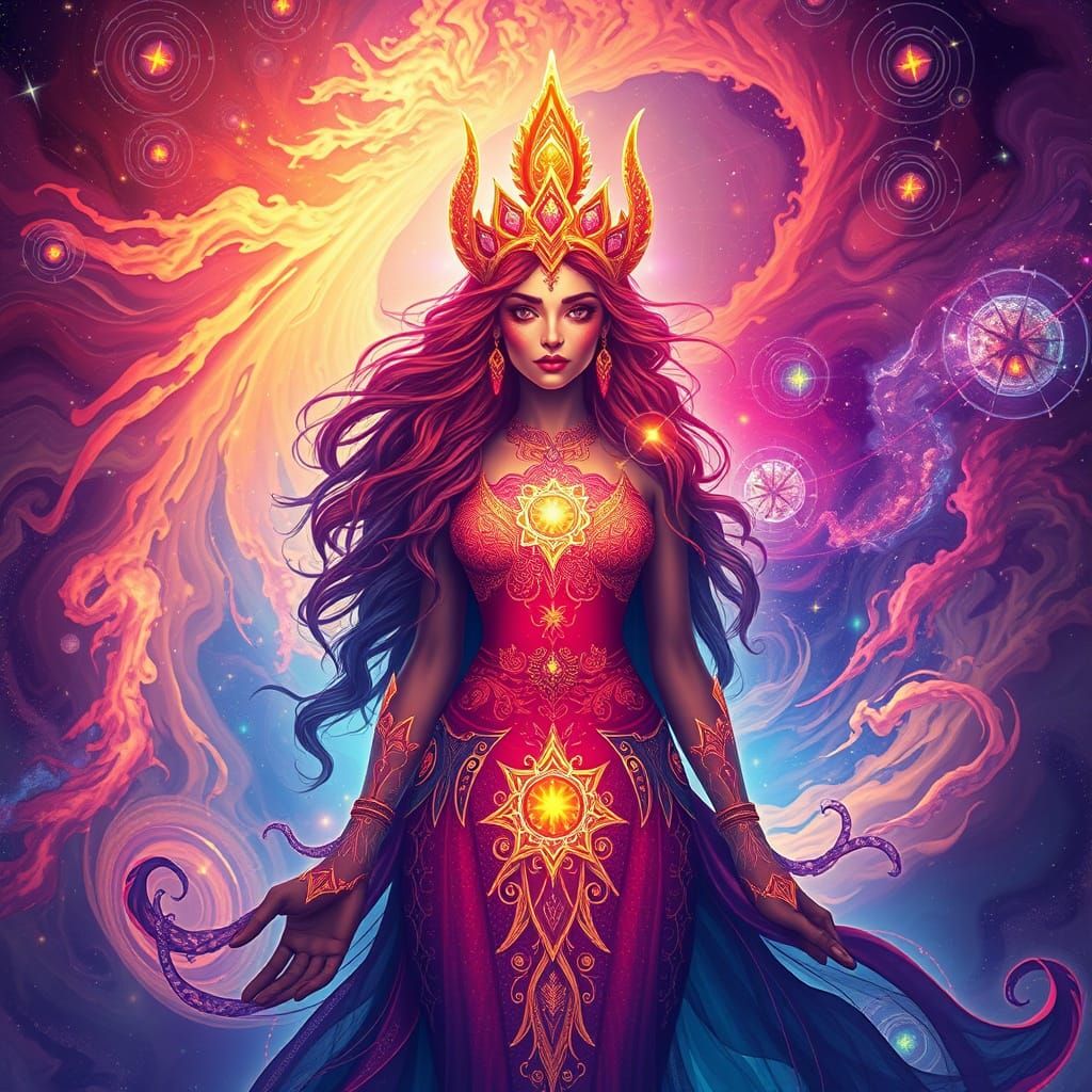 Cosmic Goddess in Vibrant Astral Holographic Style