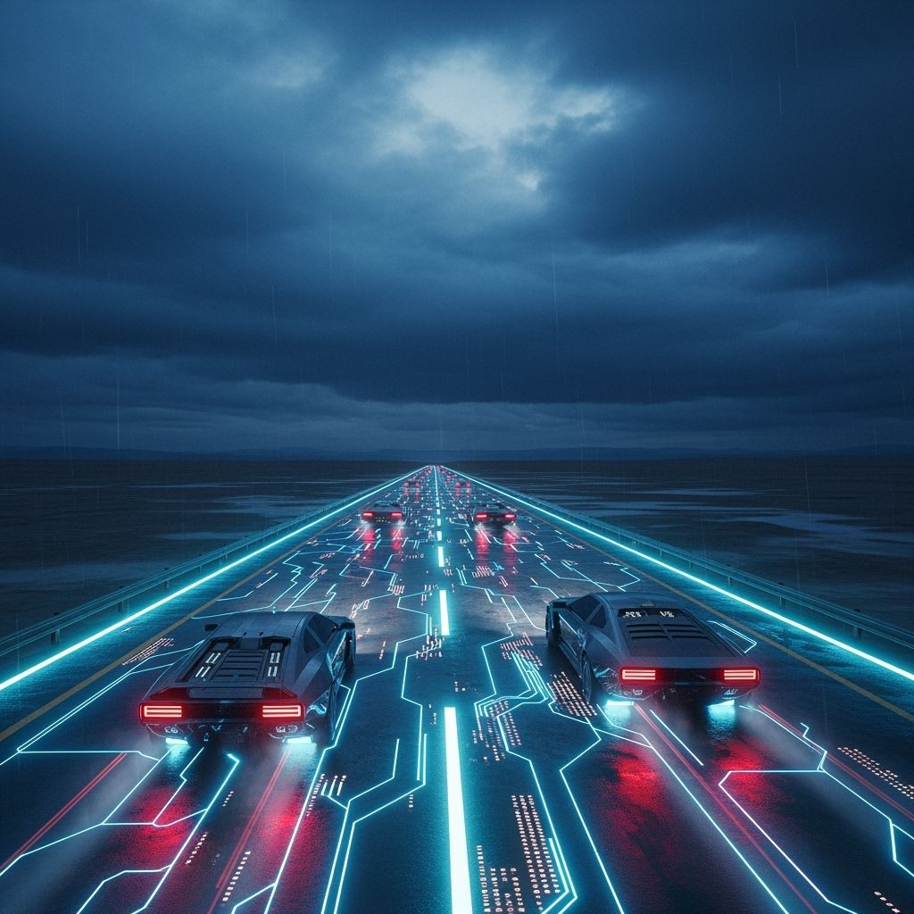Cyberpunk Desert Highway at Night After Rain