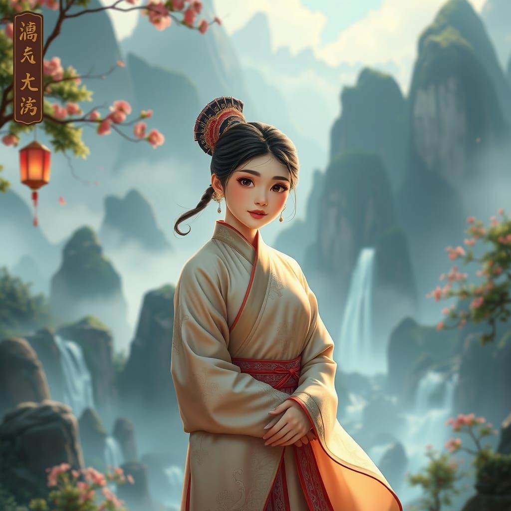 Surreal Chinese Goddess in Dreamlike Landscape