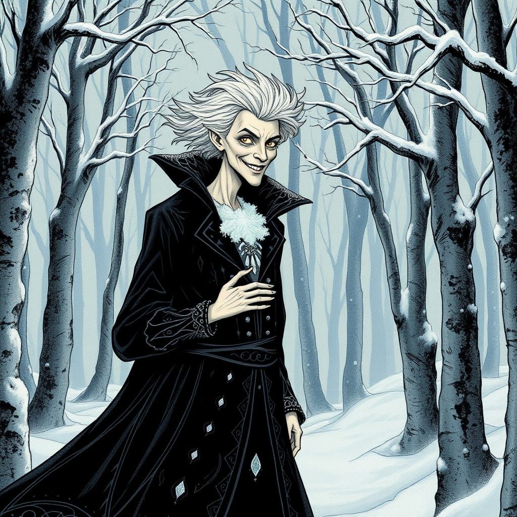 Jack frost in the style of Aubrey Beardsley
