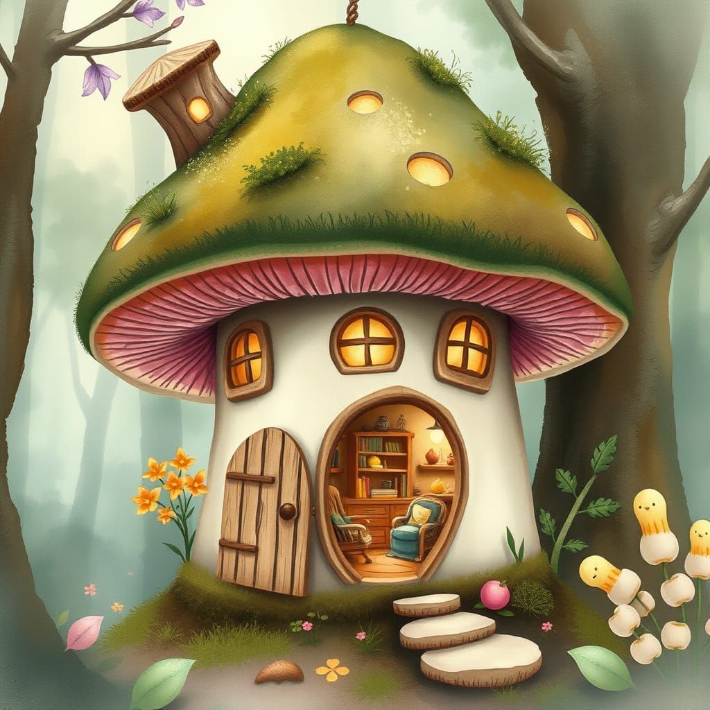 Mushroom Birdhouse in Enchanted Forest, Watercolor Style