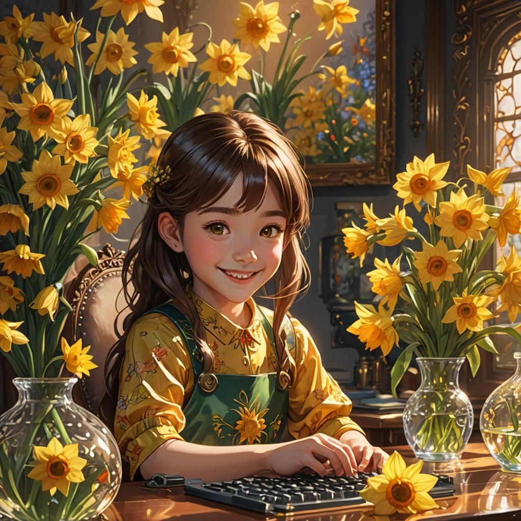 Anime Girl at Desk with Flowers, Digital Painting