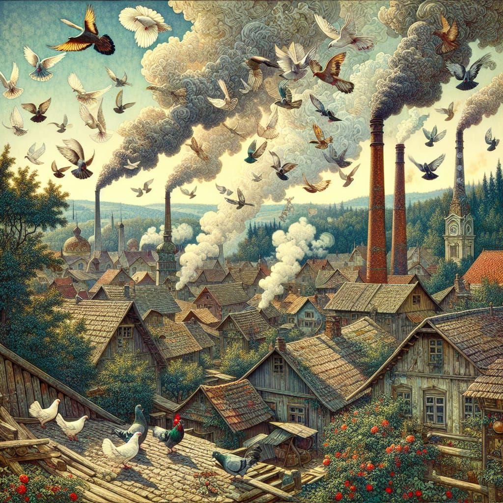 Charming Town Scene with Chimneys, Pigeons, and Coffee Aroma