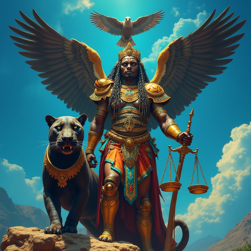 Ancient Andean God of Justice in Majestic Heraldic Style