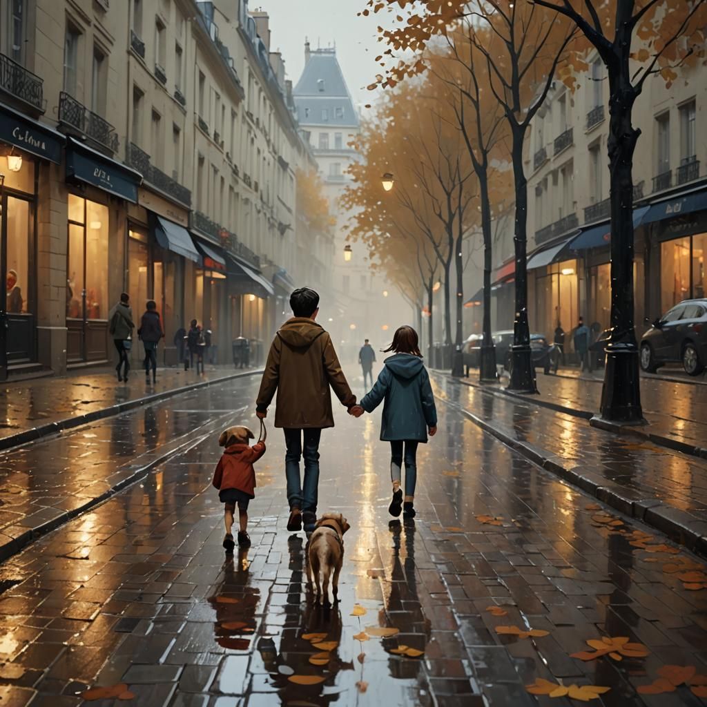 Children in Paris Rainy Day: Hyper-Realistic Painting