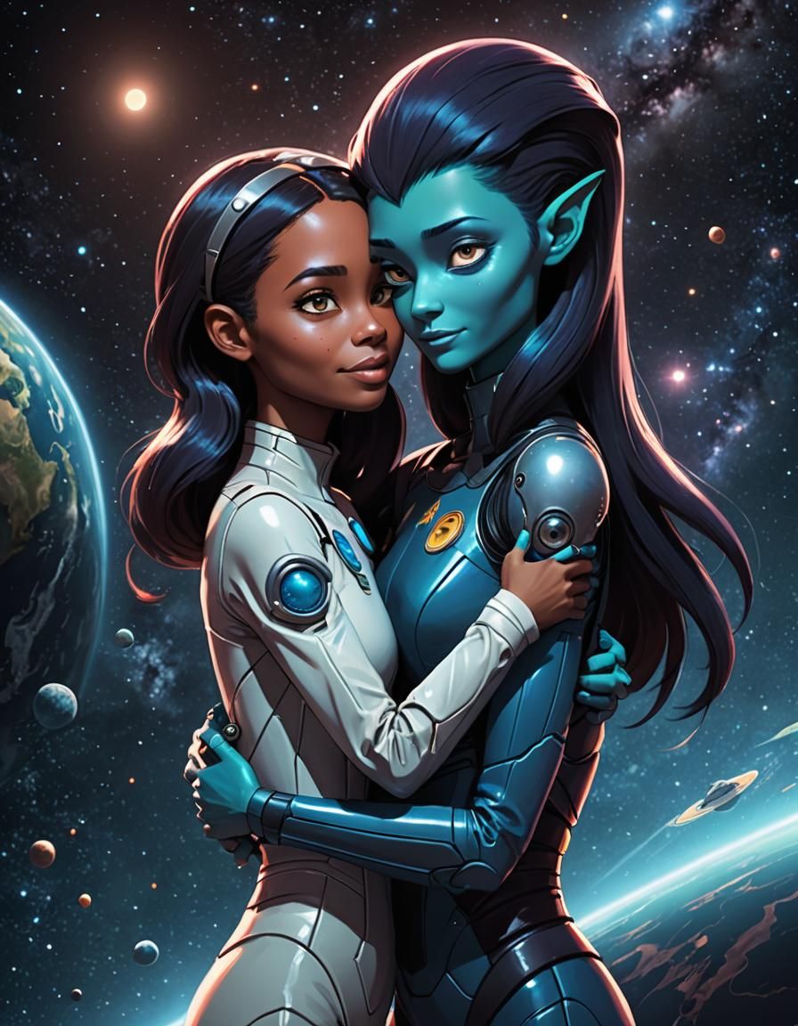 Touching Embrace: Alien and Earth Girl in Space