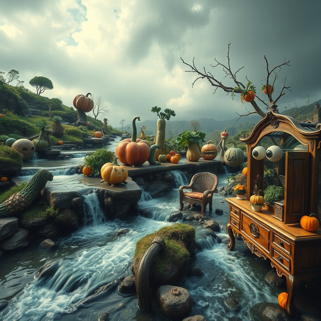 Surreal Landscape with Expressive Vegetable Characters