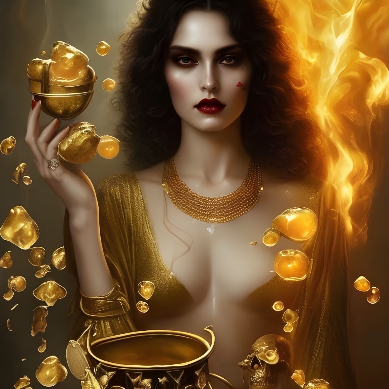 Gold Witch with Bubbling Cauldron: Hyperrealistic Portrait
