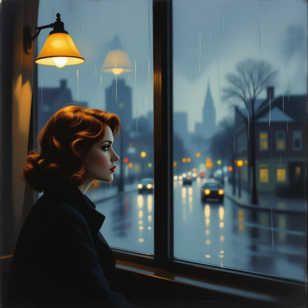 Woman Gazing Through Rainy Window, Melancholic Atmosphere