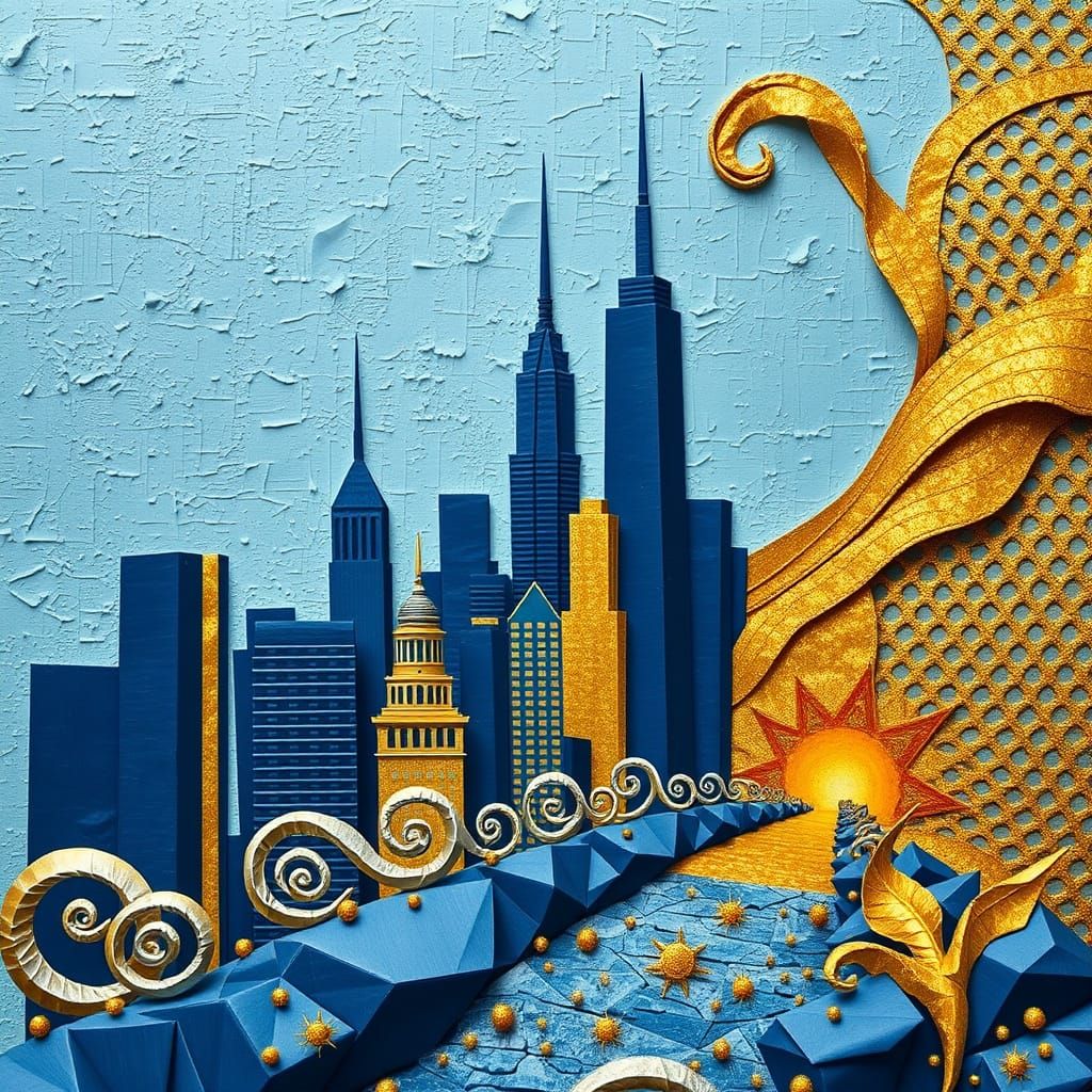 Origami Cityscape in Opulent, Golden Era Style