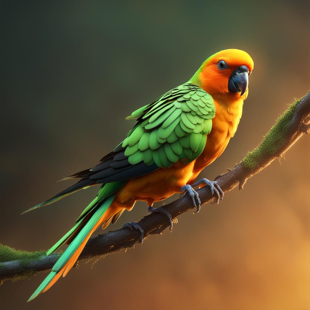 Orange Parakeet in 3D Game Cinematic Style
