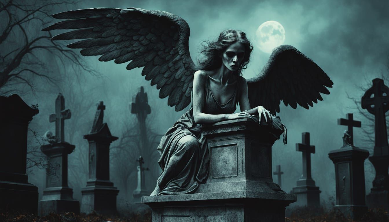 Angel of Death in Victorian Cemetery: Macabre Oil Painting