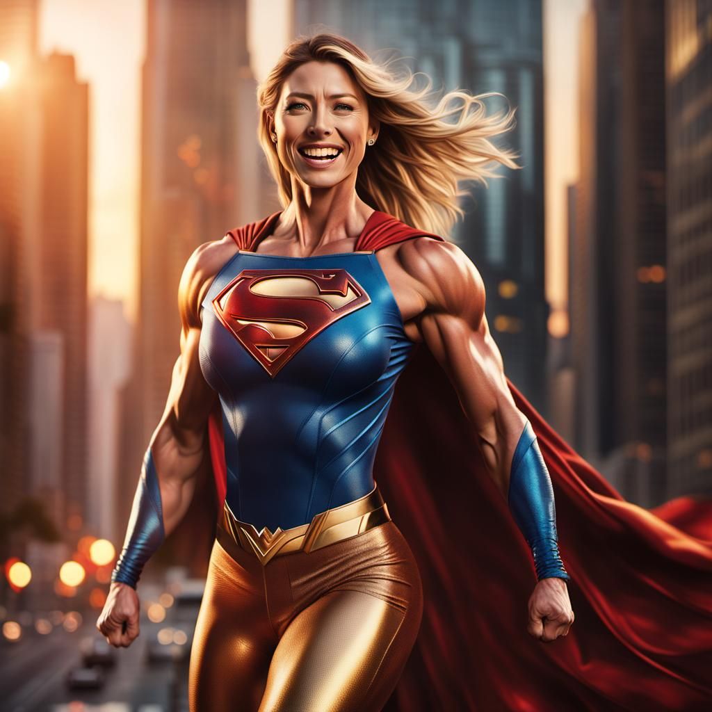 Supergirl Bodybuilder Flexing in Cityscape: Digital Art