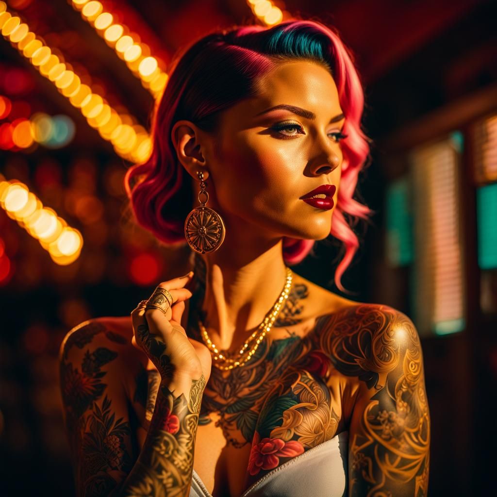Woman with Tattoos in Cinematic Film Still