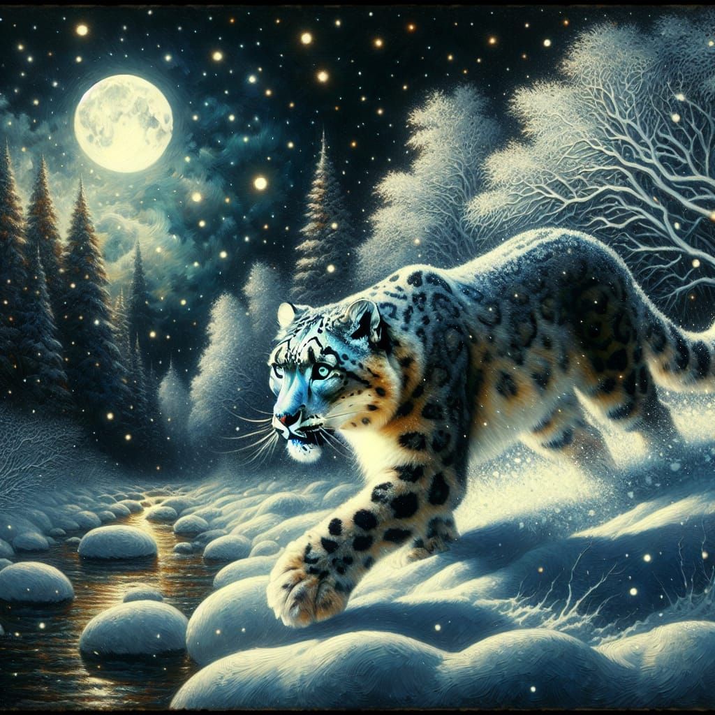 Snow Leopard Running Through Snowy Forest at Night