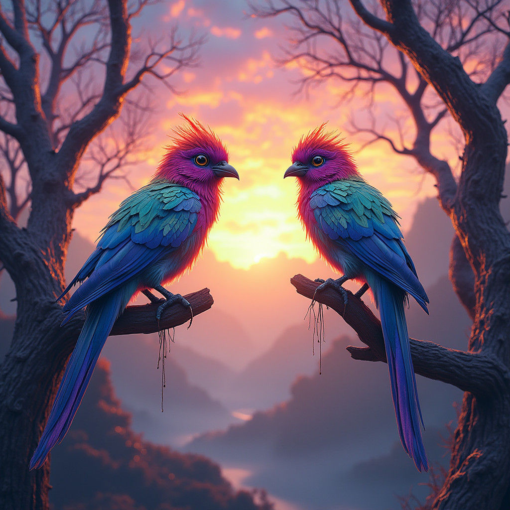 Iridescent Birds on Ethereal Branches in Fantasy Landscape