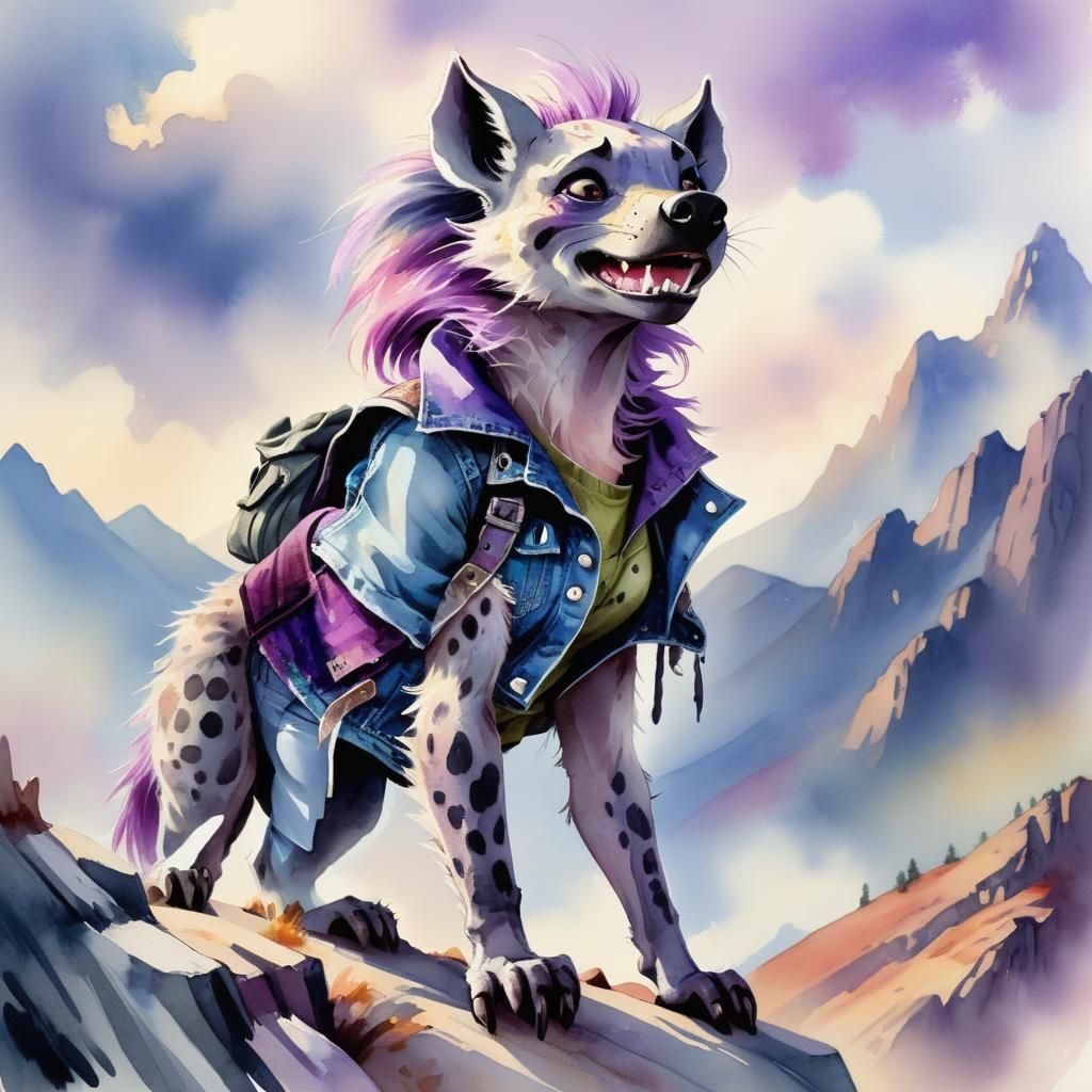 Furry Hyena Climbs Mountain in Watercolor Style