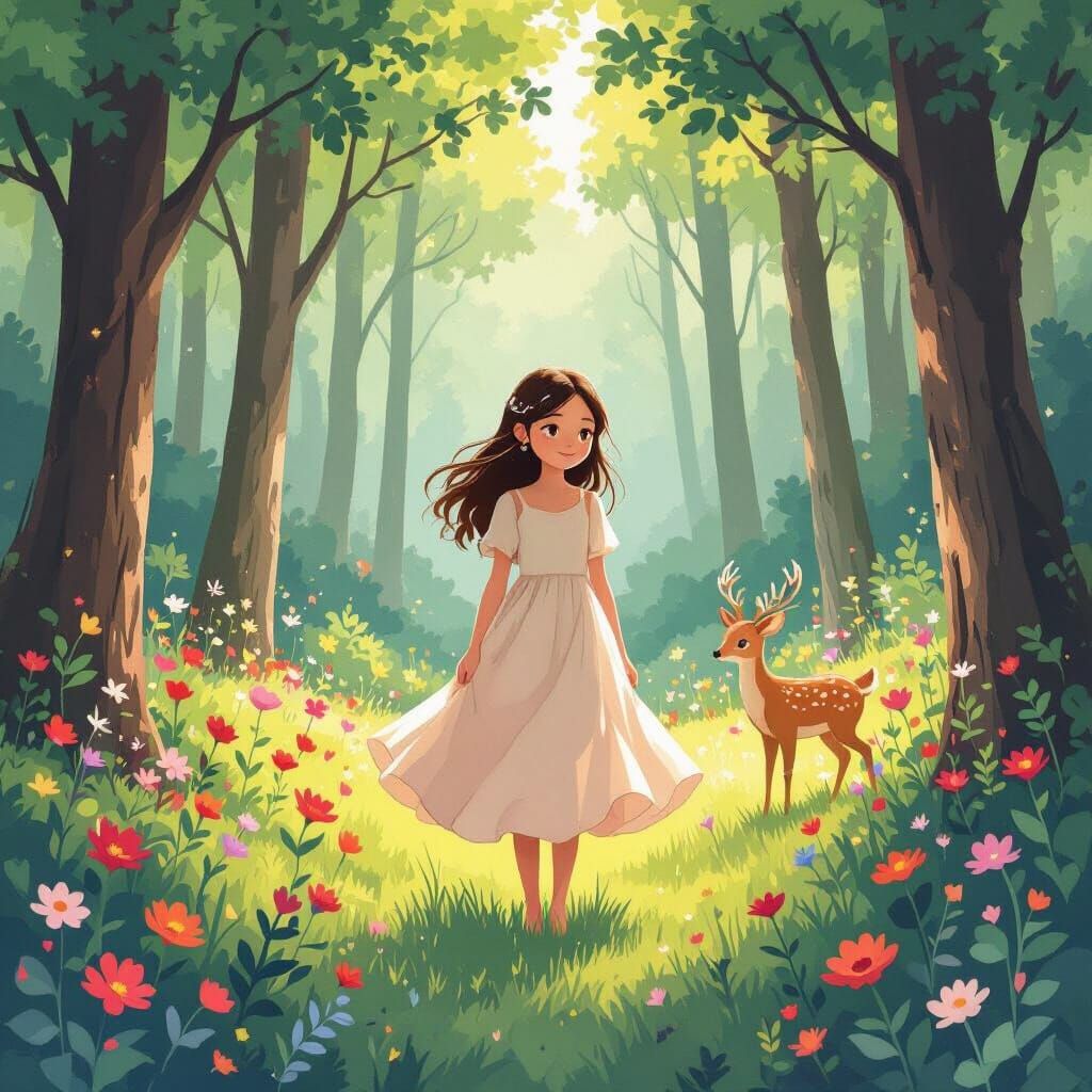 Girl in Forest, Whimsical Illustration Style