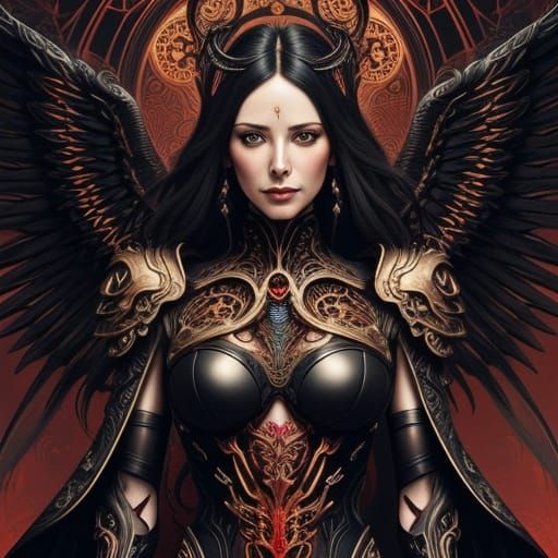 Biomechanical Red Angel in Art Nouveau Style