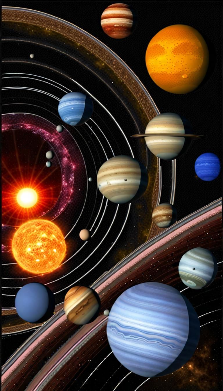 Vibrant Solar System with Iridescent Planets in Surreal 3D